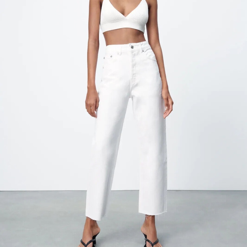 Zara High Rise Straight Leg Ankle Cropped Jeans White